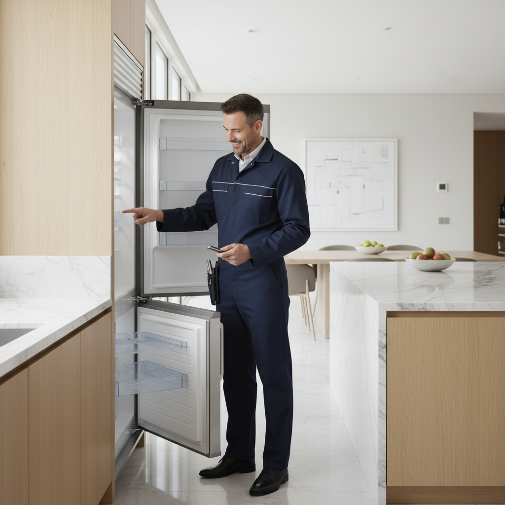 Professional technician working on a built-in refrigerator